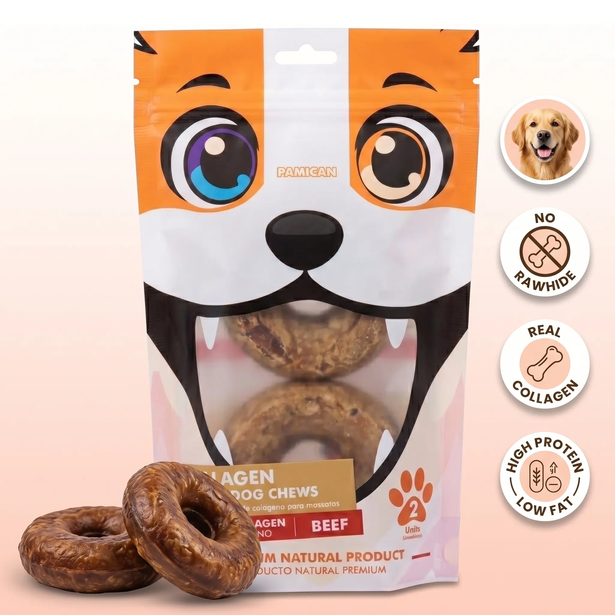 Collagen Donut Dog Chews – No Rawhide Natural Dog Treats with Genuine Collagen – High-Protein Beef & Chicken Ring Chews for All Breeds – 2 Count