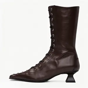 Womens Lace up 70s Witch Boots Mid Calf Kitten Heel Boots Square Toe Granny Booties Costume Shoes with Zipper