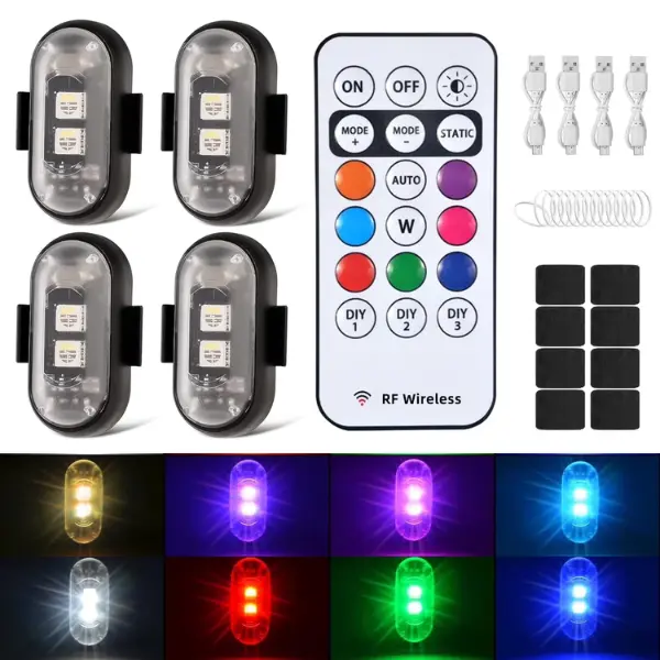 4PCS Wireless LED Strobe Lights for Car, Motorcycle, Drone, Bike - RGB Warning Lights, Remote Control, Multi-Mode Flashing, Ideal for Trailers & Aircraft