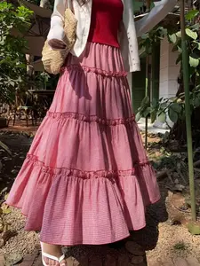 Women's Vintage Farmhouse Plaid Cake Skirt, Multi-Layer Wooden Collar Patchwork Long Dress, Spring Summer Garden Womenswear