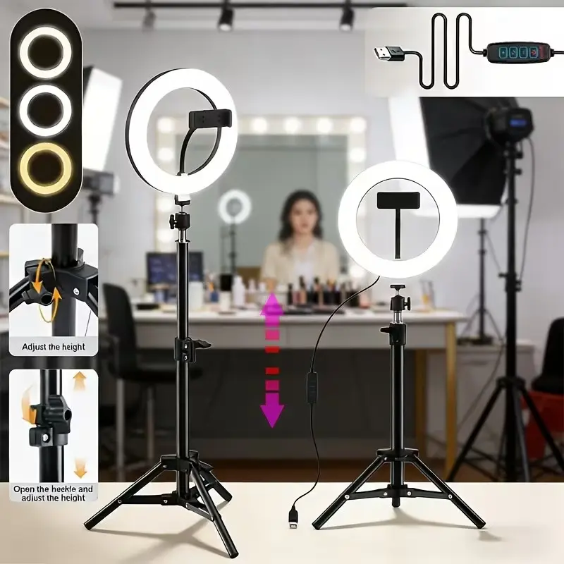 8 Inch LED Ring Light Strip Adjustable Tripod Camera Stand, Ring Light With Stand, Portable Selfie Light, 3 Color Modes & Brightness, Ideal for Youtube Tiktok Live Streaming Photography Makeup Video Calls