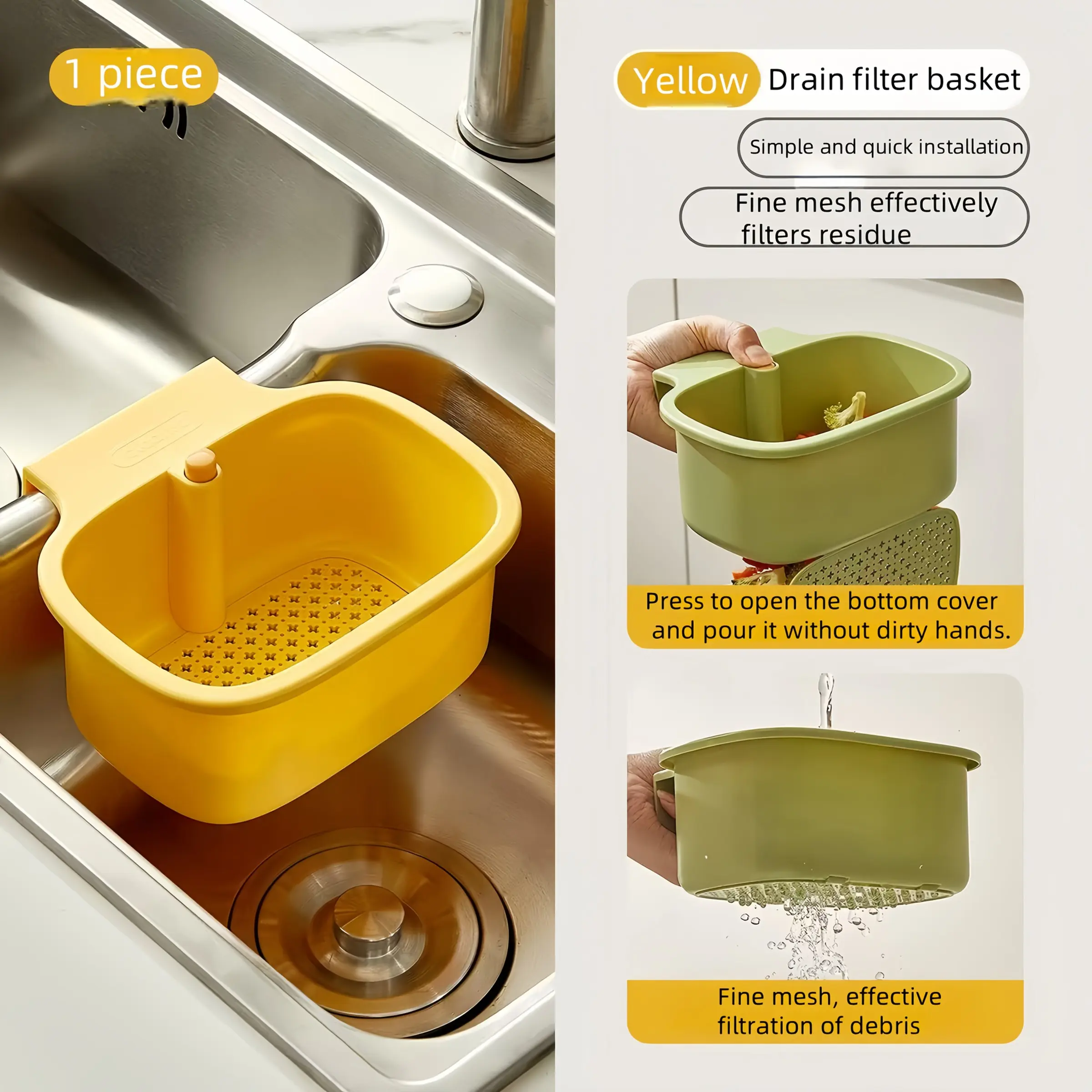 Anti-Slip Hanging Plastic Kitchen Drain Basket, Multifunctional Strainer for Fruits Vegetables, Household Sink Drainage Collector, Kitchen Colander