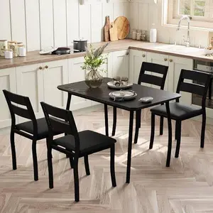 Dining Table Set for 4, 5 Piece Metal Frame Kitchen Table and Chair Set, Chamfer Design Space-Saving Dining Room Furniture for Small Spaces, Apartment, Studio, Breakfast Nooks, Black Modern Aesthetic