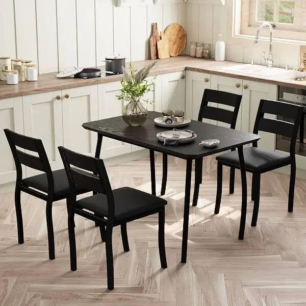 Dining Table Set for 4, 5 Piece Metal Frame Kitchen Table and Chair Set, Chamfer Design Space-Saving Dining Room Furniture for Small Spaces, Apartment, Studio, Breakfast Nooks, Black Modern Aesthetic