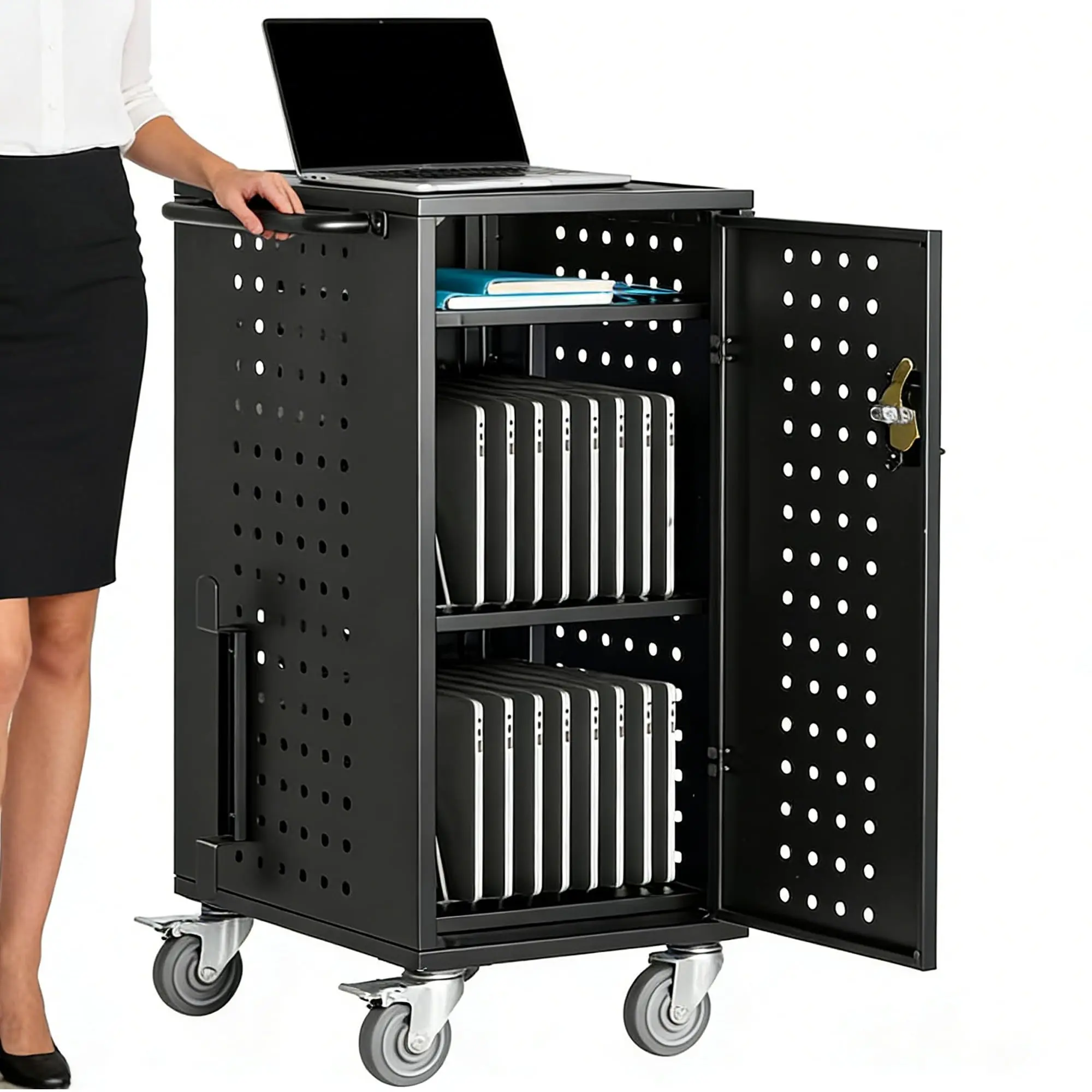 32/20 Laptop Charging Cart with Lock and Key, Charging Station for Devices Up to 15.6 Inch for Classroom and Office Use