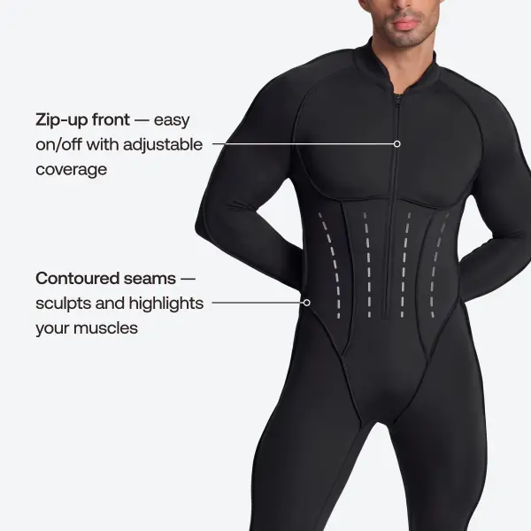 BetterMe Men's Closed-Back Herosuit - Contoured Seams, Zip-Front, Second-Skin Full Body Bodysuit, Polyester-Spandex Mix Fabric, Plain Bold Finish Athletic Dress, True Size Menswear Romper Overall for Gym (Black Basic)