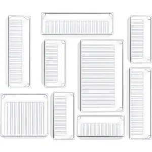 Kootek 9 Pcs Drawer Organizer Set, 4-Size Bathroom Vanity Trays Makeup Desk Dividers Versatile Storage Bins Clear Plastic Container for Dresser, Bedroom, Kitchen, Office Kootek
