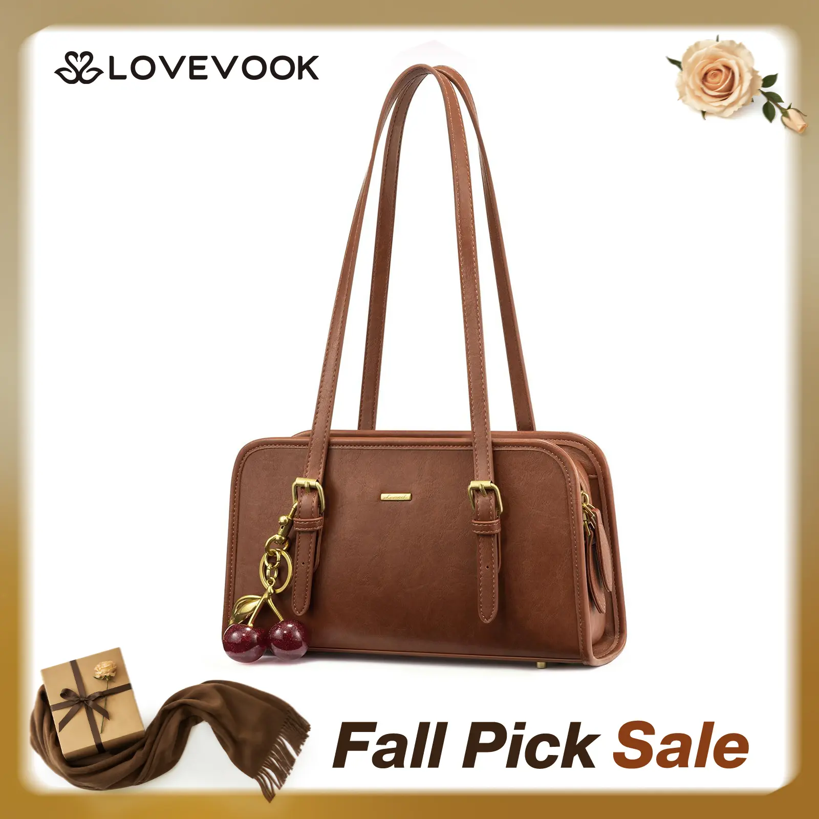 LOVEVOOK Swing Zip Shoulder Bag Small Purses for Women Trendy Handbags Mini Vintage Hobo Clutch with Cherry Pendant Lightweight Retro and Elegant Suitable for Daily Outings Shopping and Leisure
