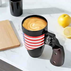 Pukomc Coffee Mug with Rotatable Wooden Handle 16 Ounces Ceramic Leak-Proof Scalding-Proof Reusable Beverage Drinkware Ergonomic Revolver Design Thermal Stability Black