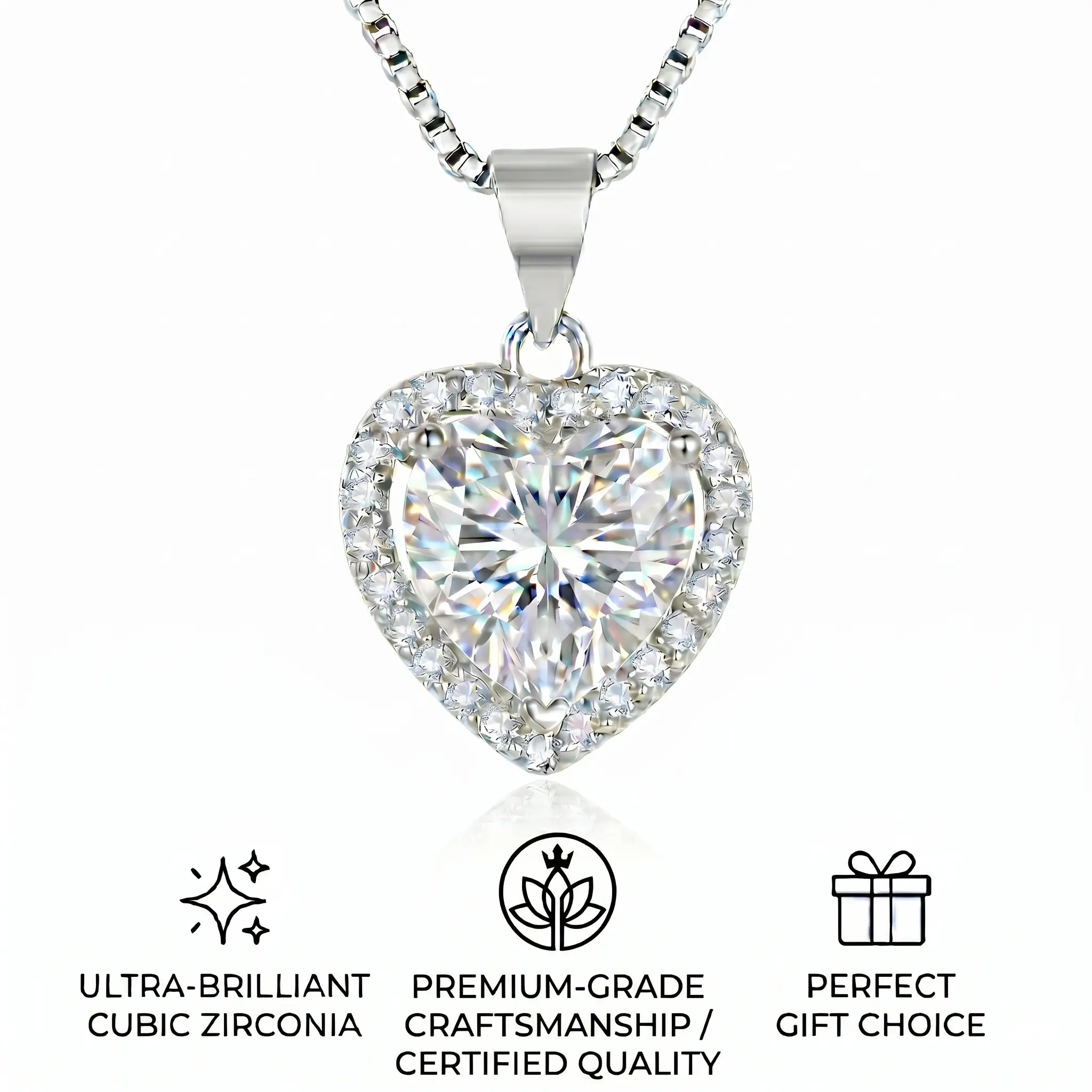 Women's Silver Plated Heart Pendant Necklace - 5ct Cubic Zirconia, 18.4in Dainty Box Chain, Hypoallergenic Stylish Accessories for Valentines Day, Bridesmaid Gifts, Meaningful Jewelry Stack Gifts, Meaningful Gifts