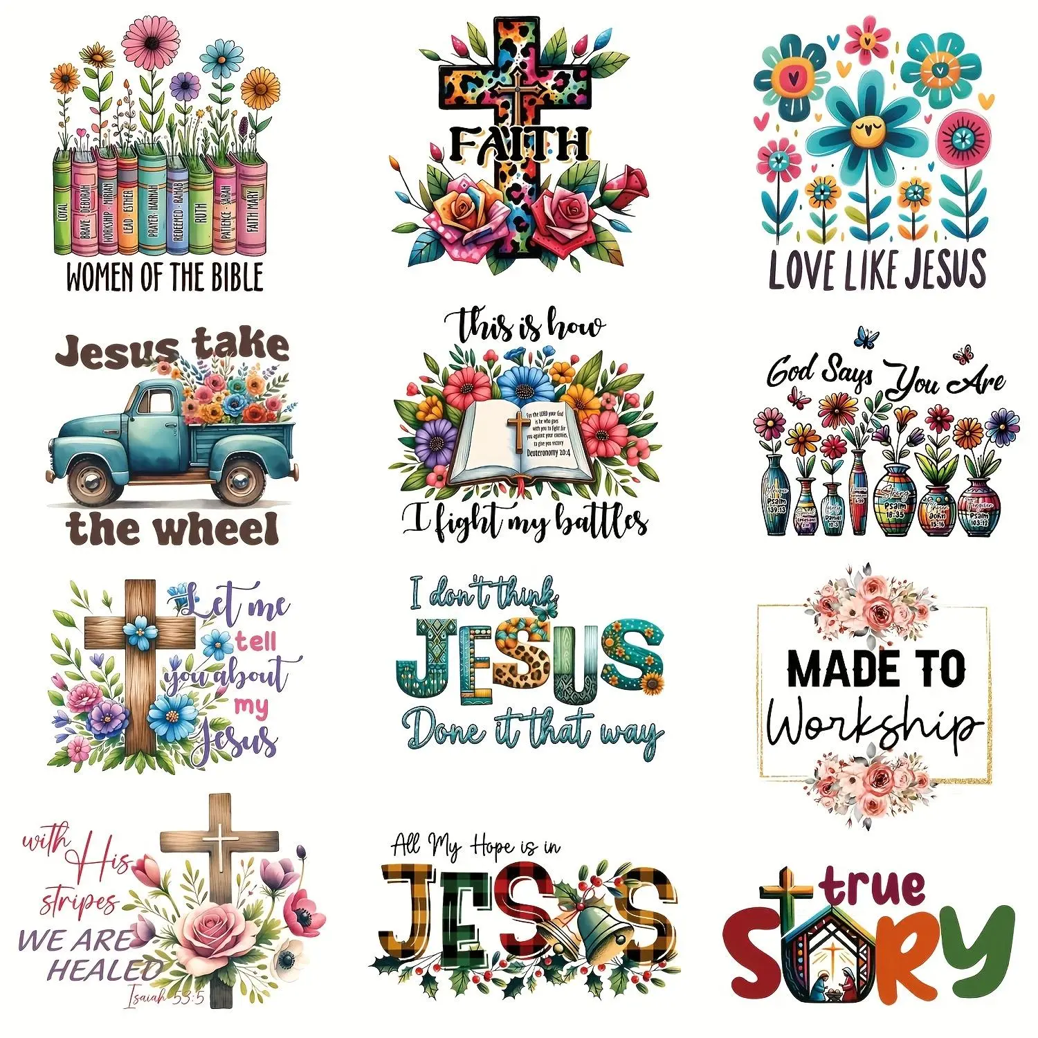 Jesus Themed Vinyl Iron-on Transfers, 12pcs/set Mixed Color Stickers for DIY Clothing Design, DIY Clothing Decoration Supplies, DIY Kit, Handcraft, DIY Flower Decor, Handmade Crafts