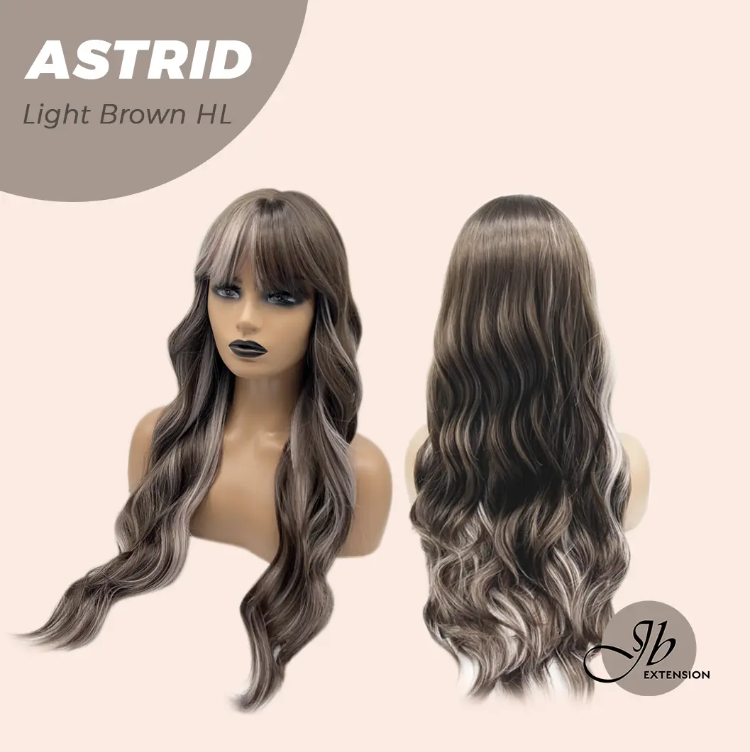 JBEXTENSION 28 Inches Long Wave Light Brown Highlight Wig with Bangs ASTRID