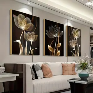 Three piece set, including black and gold floral aesthetic pattern wall decoration canvas printing paintings, living room decoration masterpieces - modern abstract design, Artistic frameless canvas paintings, Floral Prints, Decorative, Unframed Wall Art