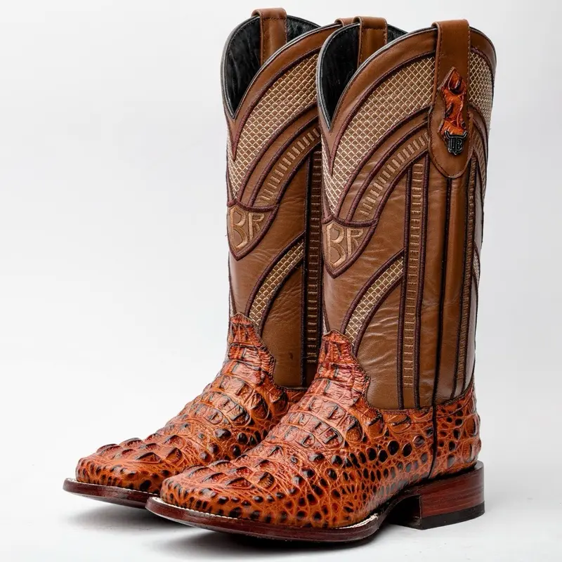 Cognac Caiman Neck PRINT Leather Boots - Square Toe