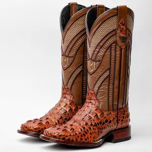 Cognac Caiman Neck PRINT Leather Boots - Square Toe