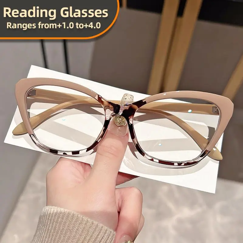 Women's Cat Eye Reading Glasses, Color Block Frame, Clear Lenses, Presbyopia +1.0 to +4.0, Stylish Polycarbonate Frames, High Quality Eyewear