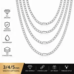 Luxury Iced Out 3-5mm Tennis Chain for Men and Women, 5A+ Cubic Zirconia Necklace, 316L Stainless Steel Hip Hop Jewelry, Trendy Chain, Mothers Day Gift