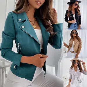 European and American cross-border foreign trade autumn and winter  women's leather suede zipper button decoration slim casual jacket in stock