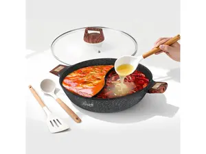 Rosewill 4.2QT Double Flavor Non-sticking Shabu Shabu Hot Pot with Divider, 13 inch Divided Stockpot for Cooking, Hot pot for Induction Cooktop and Gas Stove, Electric Burner, Silicon Soup & Ladle Included - Dark Gray