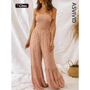 Women's Ditsy Floral Print Shirred Ruffle Hem Wide Leg Cami Jumpsuit, Boho Tie Shoulder Sleeveless Flared Jumpsuit for Beach Holiday Vacation, Ladies Summer Clothes
