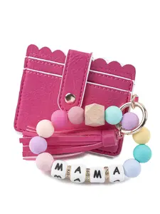 Mama Card Holder Wristlet, Silicone Beaded Keychain with Tassel, PU Leather Scalloped Edge ID Card Wallet, Cardholder, Credit Card Holder, Perfect Mother's Day Gift for Mom