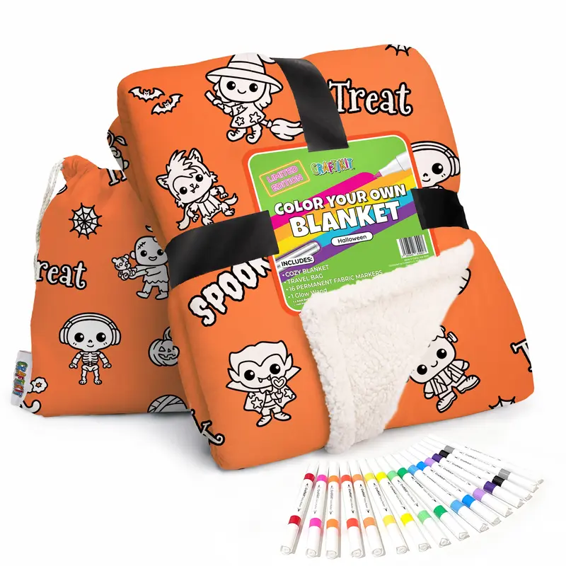 Craftikit Halloween Coloring Blanket- Sherpa-Lined, 40x60 in, All-Seasons Cozy Home Decor Items, Unique Decor, Adulting Gifts, Cool Gifts for Adults, Travel-Ready Tote & Fabric Markers Included