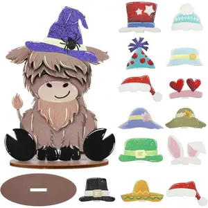 Christmas Gift Highlands Cow Farmhouse Tiered Tray Decor Set with Interchangeable Hats Rustic Wooden Farm House Decor Cow Party Decorations Interchangeable Seasonal Wood Sign for Home Table (Highland Cow)