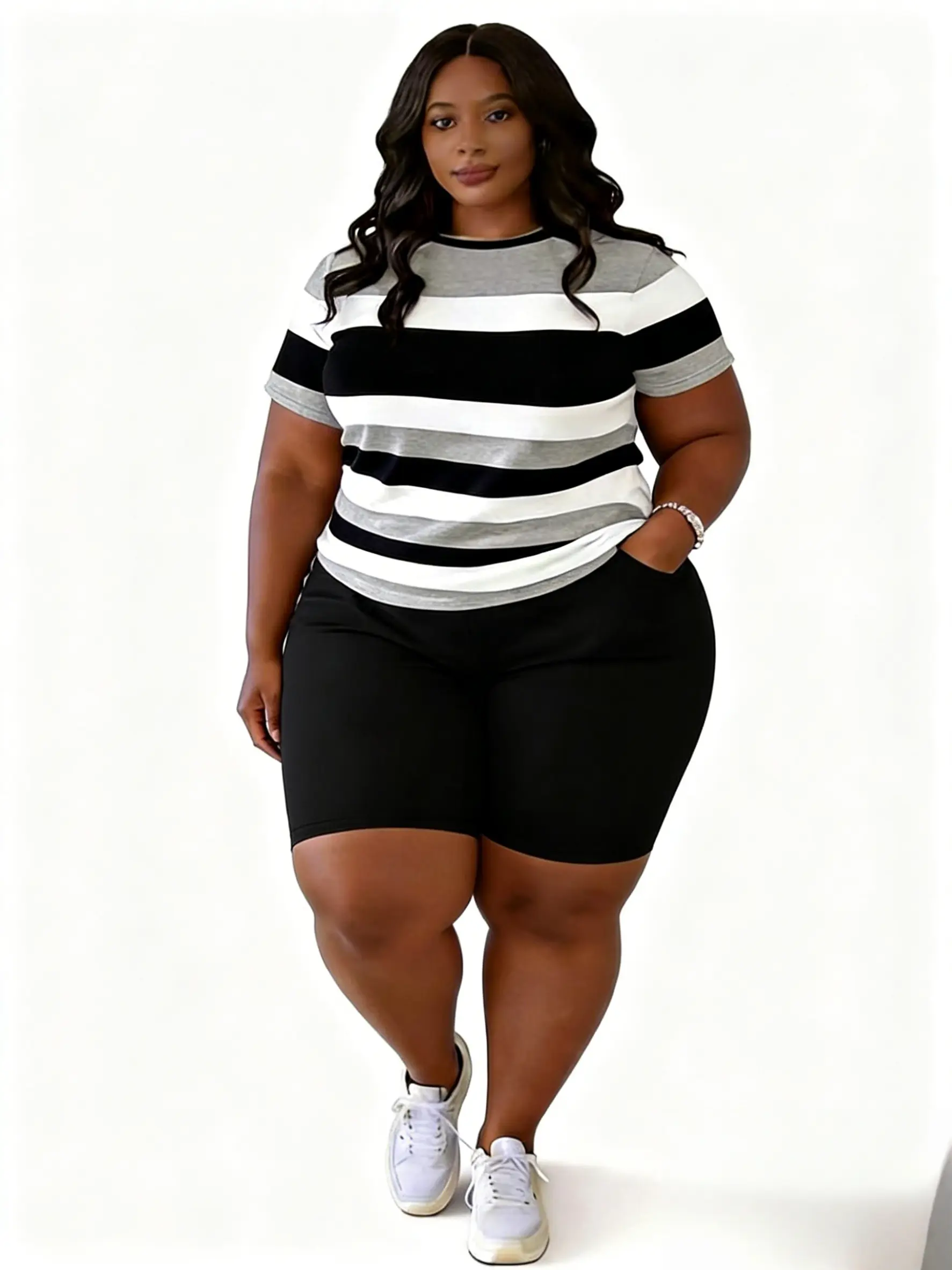 Women's Plus Size 2-Piece Sporty Shorts Set - Crew Neck Short-Sleeve Top, Solid-Color Pocket Bottom Pants - Breathable Polyester Striped Spring Summer Outfits - Size Up Recommendation (Love,Summerwins), Shortsleeve, 2 Piece Sets, Plussize, Women's 2 Piece