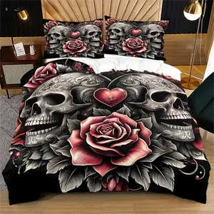 Multiple Skull Design ,Diverse Skull Pattern Decorative Duvet Cover Set 2-3 Pieces: Includes 1 Duvet Cover & 1/2 Pillowcases (No Filler), Covering Vintage Distressed, Dark Line Art, Cyberpunk-style Skull Prints, Soft, Washable & Breathable