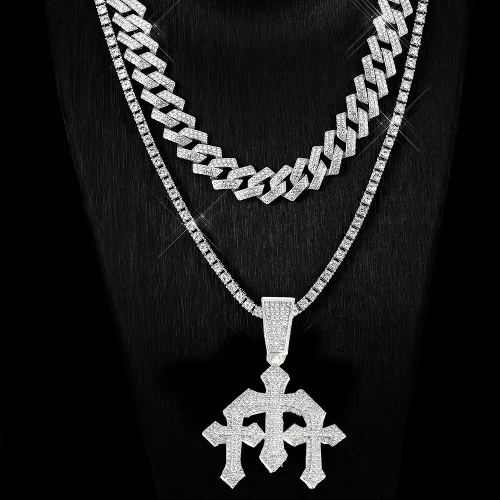 2pcs/set Iced Out Triple Cross Necklace for Men – Hip Hop Bling Chain Set, 3 Cross Pendants on Cuban & Tennis Chains, Streetwear Jewelry Gift for Boyfriend Birthday