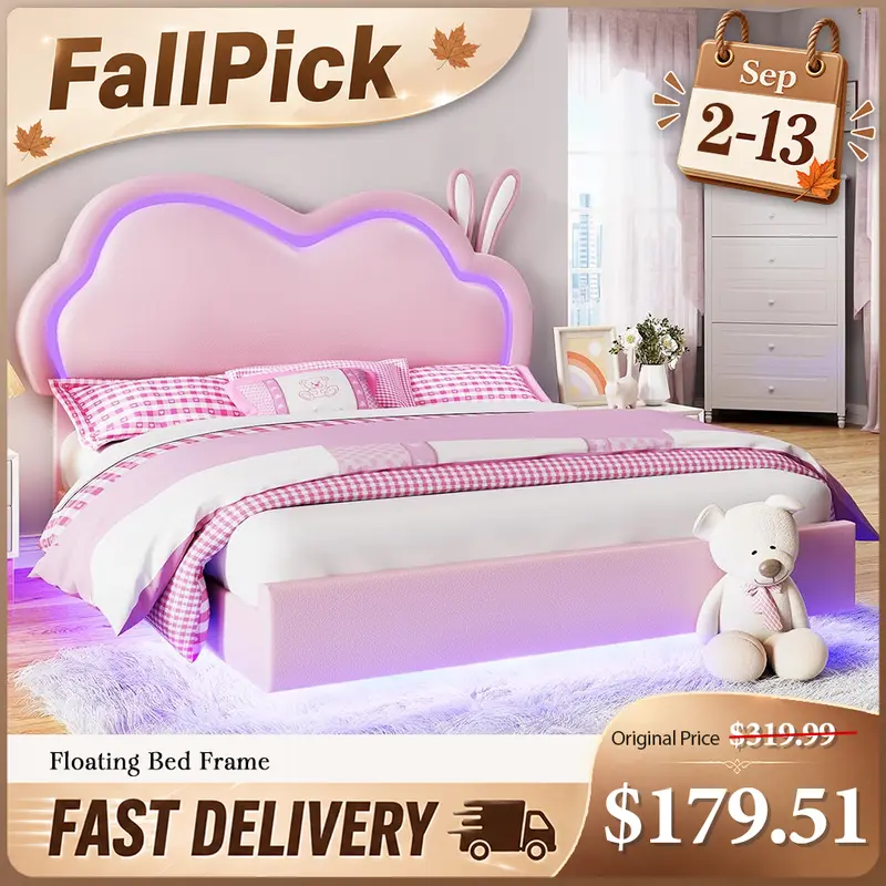 Amerlife Queen Size Floating Leather Upholstered Platform Bed Frame - 45.3"-47.2" LED Adjustable Headboard, Wood Slats Support, Easy Assembly, Boxspring-Free, Pink/White Indoor Bedroom Furniture, LED Light Bed Frame, Queen Size Bed Frame#TikTokShopFallDea