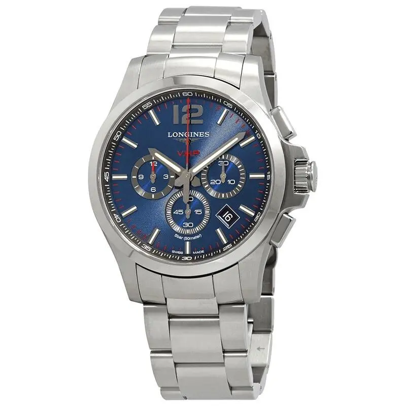 Longines Conquest V.H.P. Perpetual Chronograph Men's Watch, 44MM Round Face, Blue Dial, Stainless Steel Strap, Water Resistant, L37274966