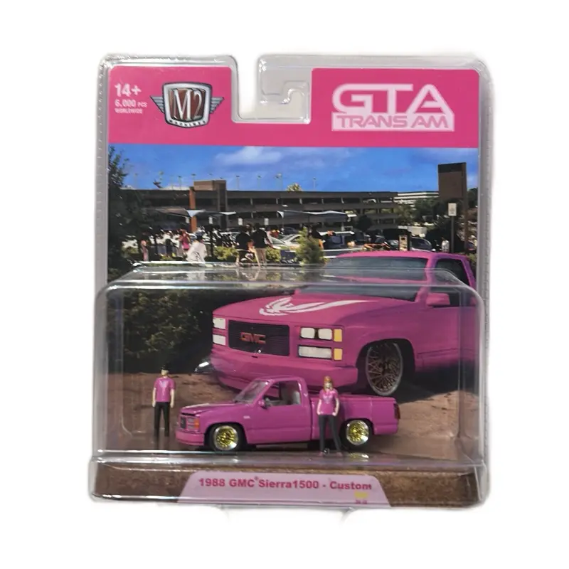1:64 M2 Machines. Diorama “GTA TRANS AM’” Pink 1988 GMC Sierra 1500