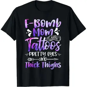 💖🌸 [Graphic Tee] 100% Cotton Tie Dye F-Bomb Mom T-Shirt| Pretty Eyes & Thick Thighs| Funny Tattoo Design| Perfect Golf Gift for Men & Women| Soft, Comfortable Cotton Tee