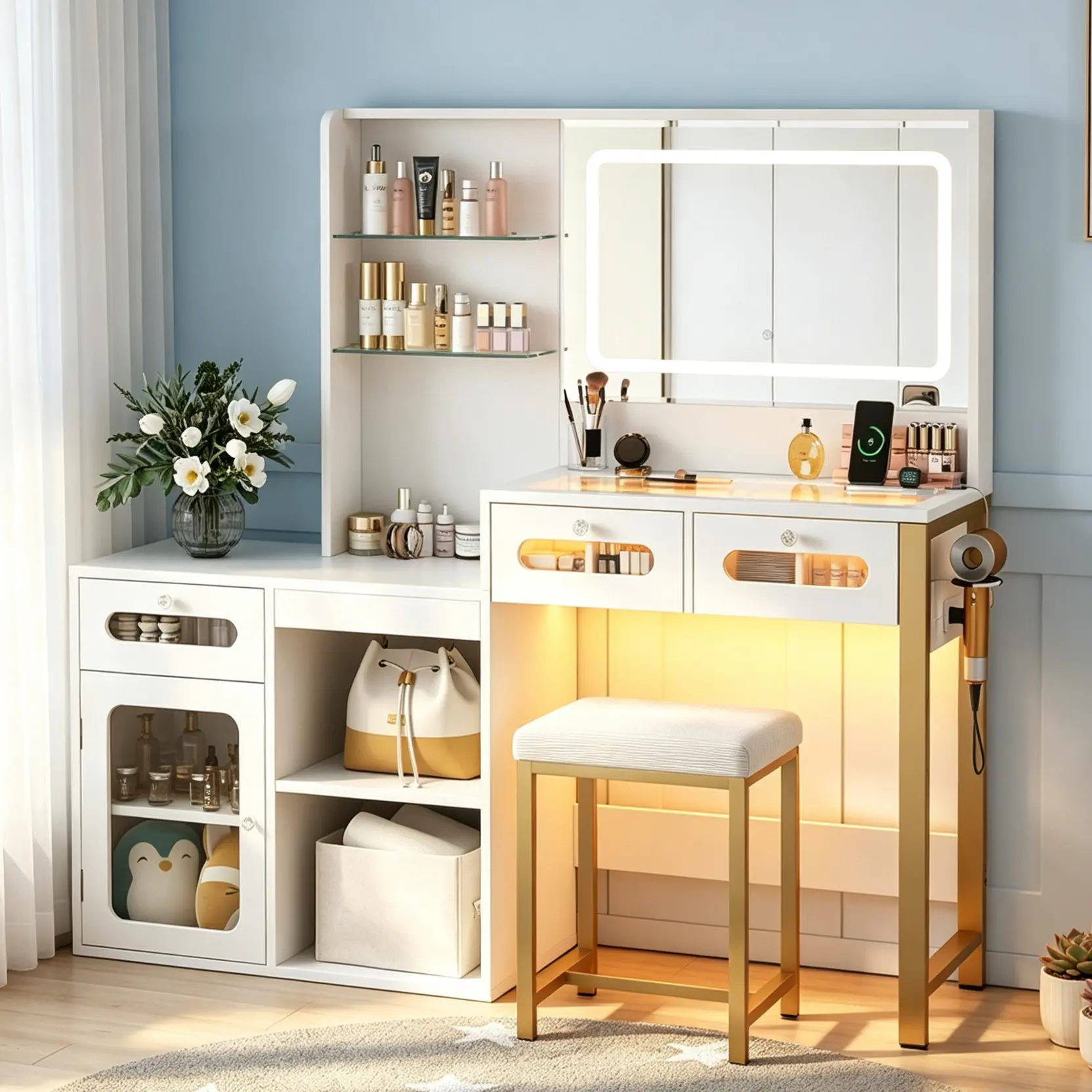 CollaredEagle Rectangular Wood Makeup Vanity Desk - Freestanding Modern Aesthetic Vanity with LED Lighted Mirror, Drawers, Storage Cabinet, Charging Station, Cosmetic Organizer & Matching Stool (White/Black)