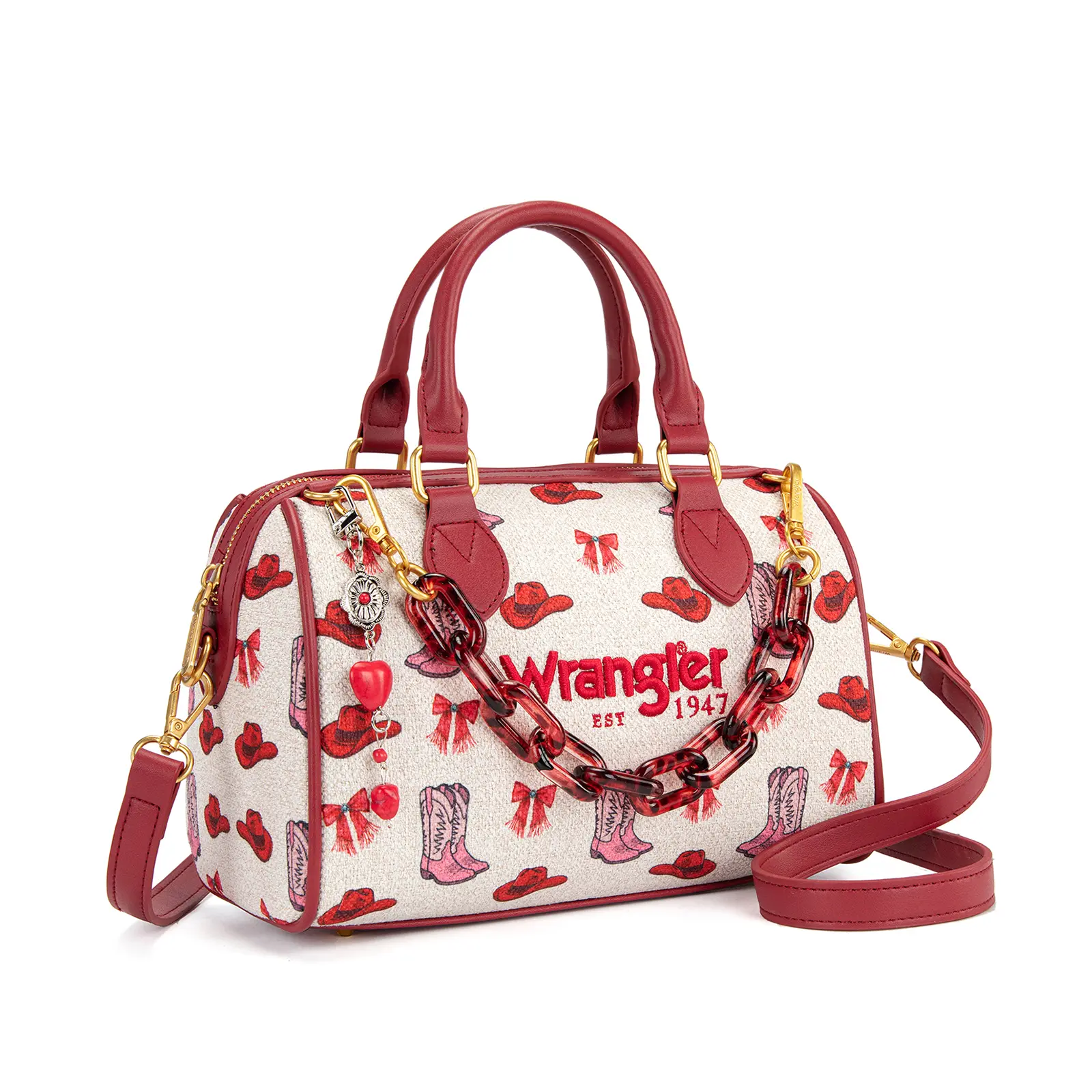 Wrangler Boot Print Barrel Bag Top Handle Boston Purse With Chain for Women Crossbody Purse