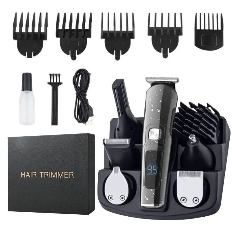 Hair Clipper for Men, All in One Grooming Kit IPX7 Waterproof, Cordless Electric Beard Trimmer, USB Rechargeable Body Mustache Nose Ear Facial Cutting Groomer for Wet/Dry W/ LED Display, Storage Dock