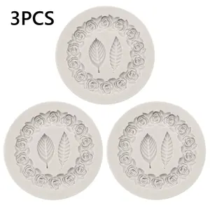 3 Pieces Flower Garland Silicone Chocolate Mold Rose Wreath with Leaves Fondant Molds for Cake Decoration Sugar Craft Cupcake Topper Gum Paste Candy Polymer Clay