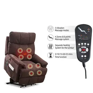 Large size Electric Power Lift Recliner Chair 8 point vibration Massage and lumber heat, Remote Control, Side Pockets, cozy fabric, overstuffed arm,