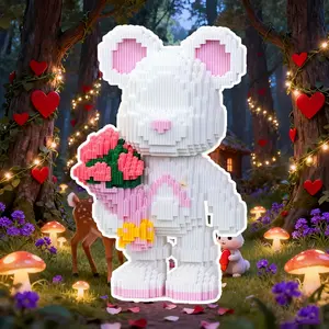 Rose Bear 3D Puzzle Building Block Ornament, Animal Room Decoration, Home Decor, Party Decoration, Craft Statue, Lightweight Collectible Display