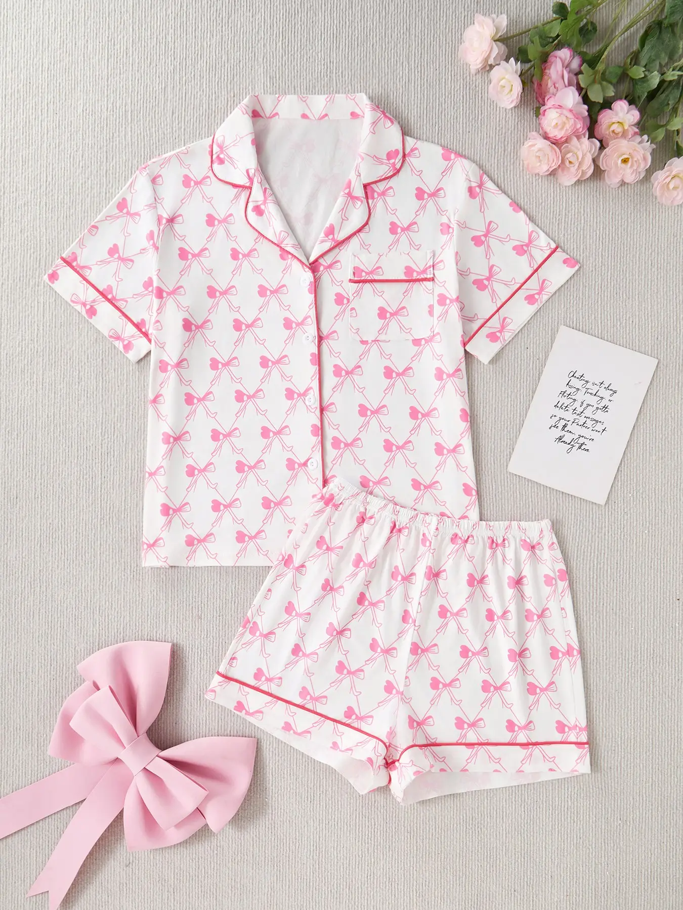 Cute Bow Print Women's Two-Piece Pajama Set, Soft Milk Silk Short Sleeve Button Homewear Loungewear, Casual Fashion All Seasons Comfortable Sleepwear Lounge Pj Set
