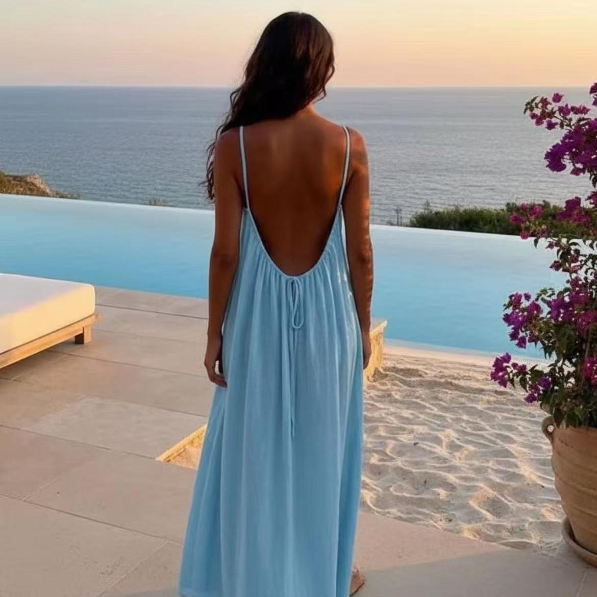 Trendy Women's Solid - Color Backless Cami Dress! Lightweight and comfortable, this casual sleeveless piece is a fashionable choice for summer beach holidays. Versatile ladies' clothes perfect for your vacation.