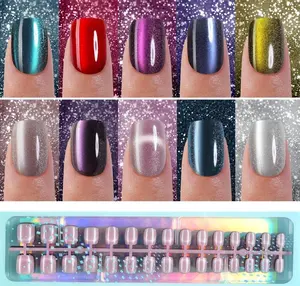 300Pcs Cat Eye Press on Nails, Glossy Glitter Cat Eye Designs Nail Tips for Women, Short Square Soft Gel Fake Nails, for Women and Girls Glossy Reusable Nail Tips in 15 Sizes