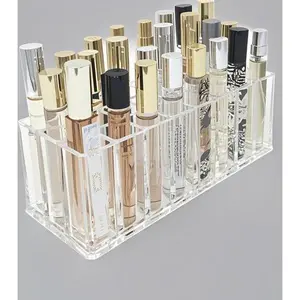 24-Slot Refillable Perfume Organizer with Rollerball Insert, Tall Acrylic Display Case for Essential Oils, Scented Oil Storage Solution, Beauty Scent Holder with 24 Space Organization Racks Box
