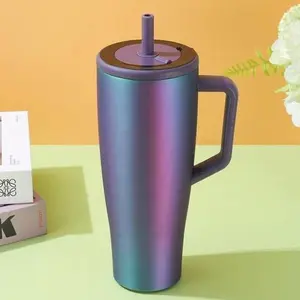 40oz Stainless Steel Tumbler with Handle & Bendable Straw | Large Capacity Travel Mug | Leakproof | Portable | Electroplated Purple