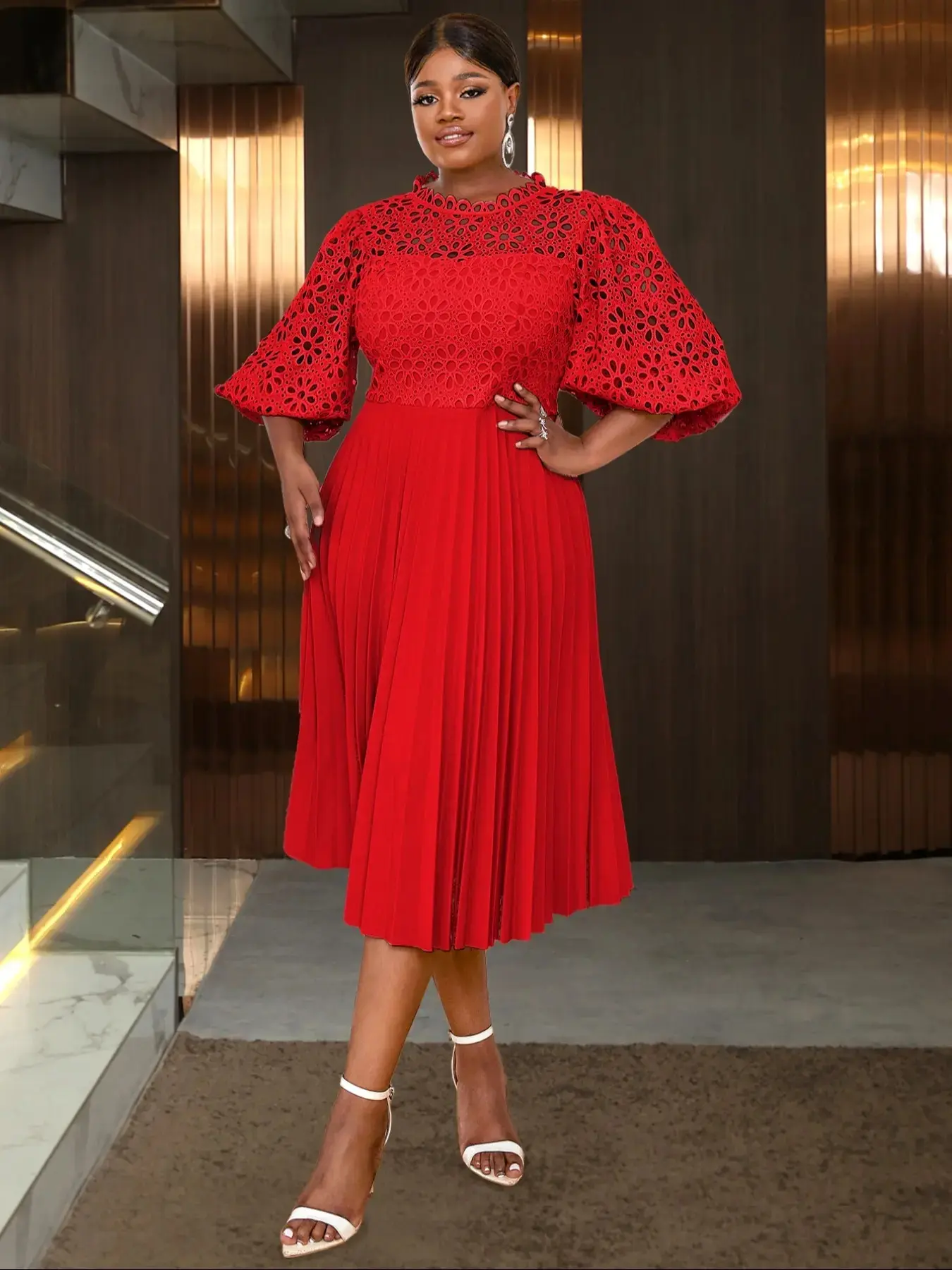 Plus Size Plain Open-Front Crochet Lace Cape Dress, Chic Elegant Pleated Balloon Bishop Sleeve Gown for Formal Evenings and Parties, Formal Wear, Fit
