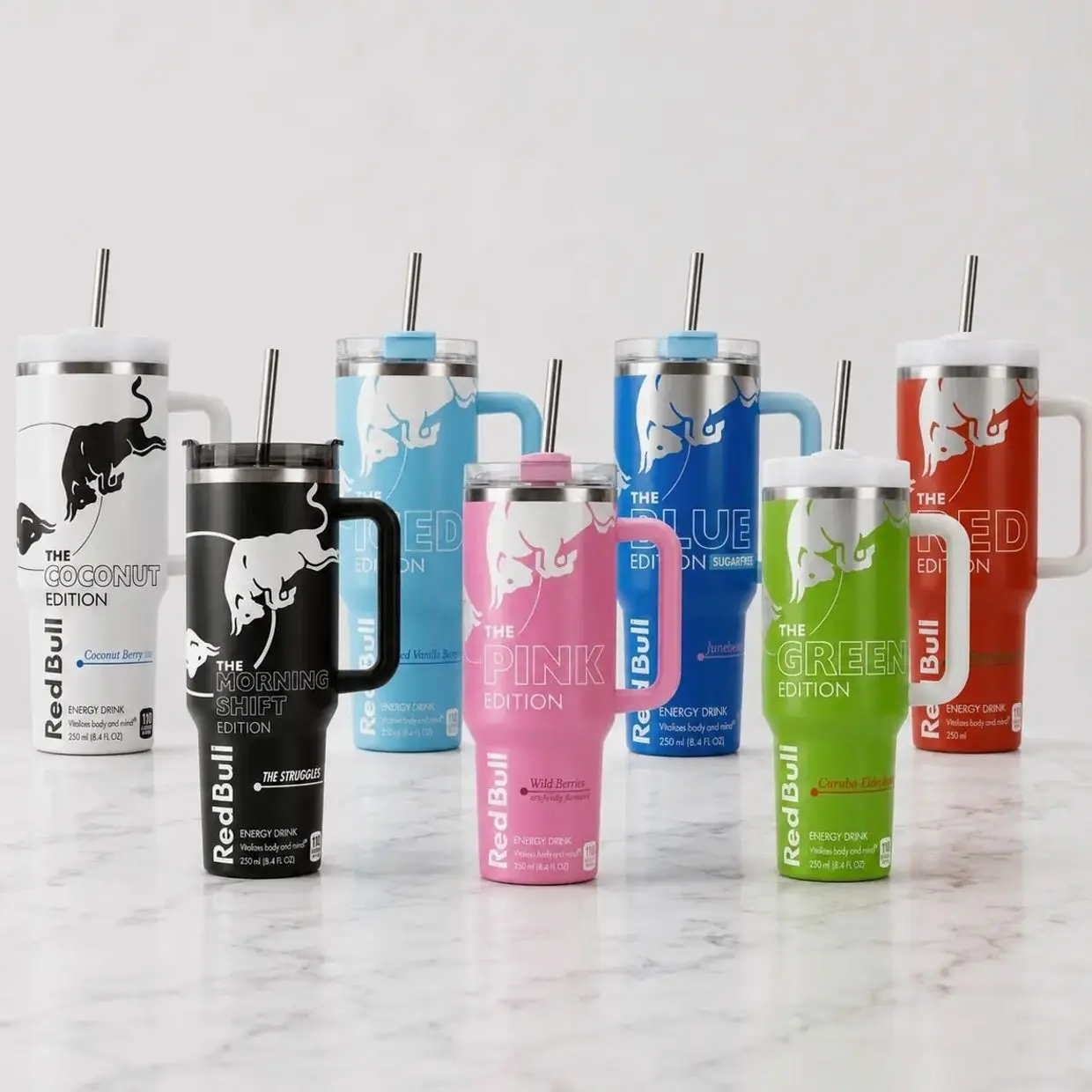[No Straw] RedBull Full Edition 40oz Stainless Steel Tumbler With Handle, Double Wall Vacuum Insulated Travel Mug