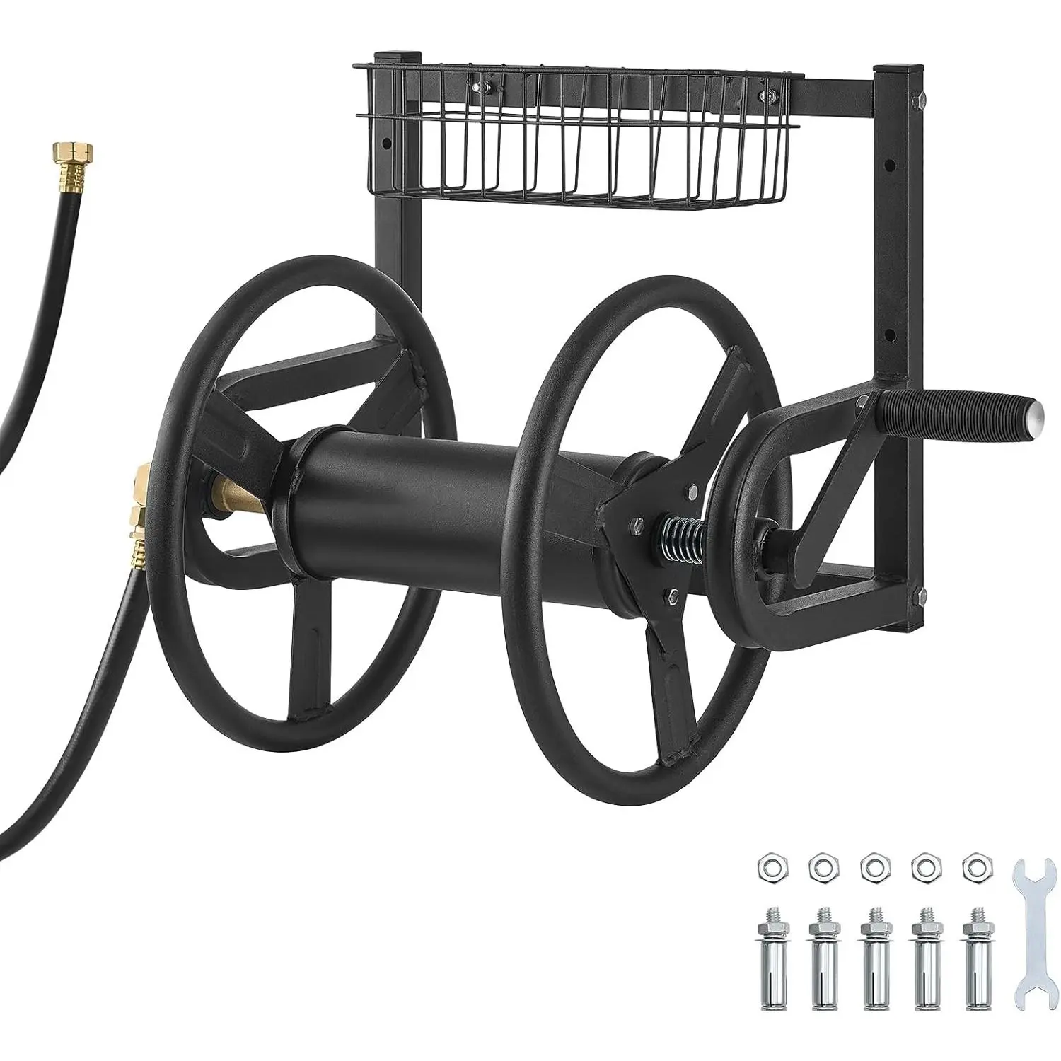 VEVOR Wall Mounted Garden Hose Reel, Holds 125 ft 5/8-inch Hose, Heavy-Duty Water Hose Winder, Space-Saving Design, Outdoor Manual Reel with Brass Fitting and Storage Basket for Yard Lawn