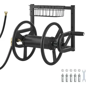 Father's Day Gift VEVOR Wall Mounted Garden Hose Reel, Holds 125 ft 5/8-inch Hose, Heavy-Duty Water Hose Winder, Space-Saving Design, Outdoor Manual Reel with Brass Fitting and Storage Basket for Yard Lawn