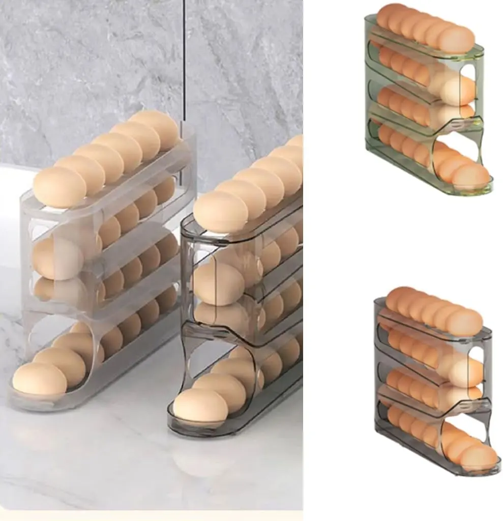 Automatic Rolling Egg Dispenser Organizer, 4-Tier Durable Plastic Holder Tray (Holds 28 Eggs) - Space-Saving Storage Rack for Refrigerator, Counter